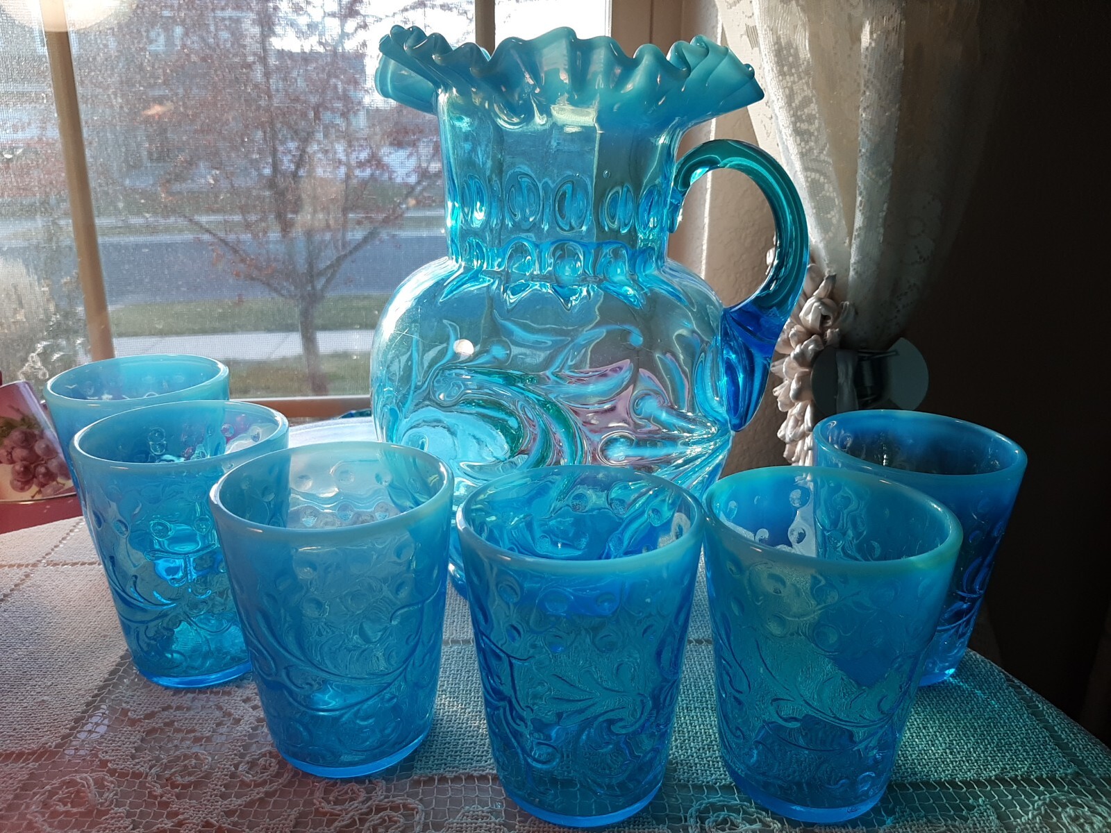 Antique Fenton Ocean Blue Buttons & Braids Opalescent Pitcher Set of 7
