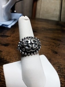 Sterling Silver Vintage High Dome Ring with Ornate Symbols 9.8 Grams, size 7.5