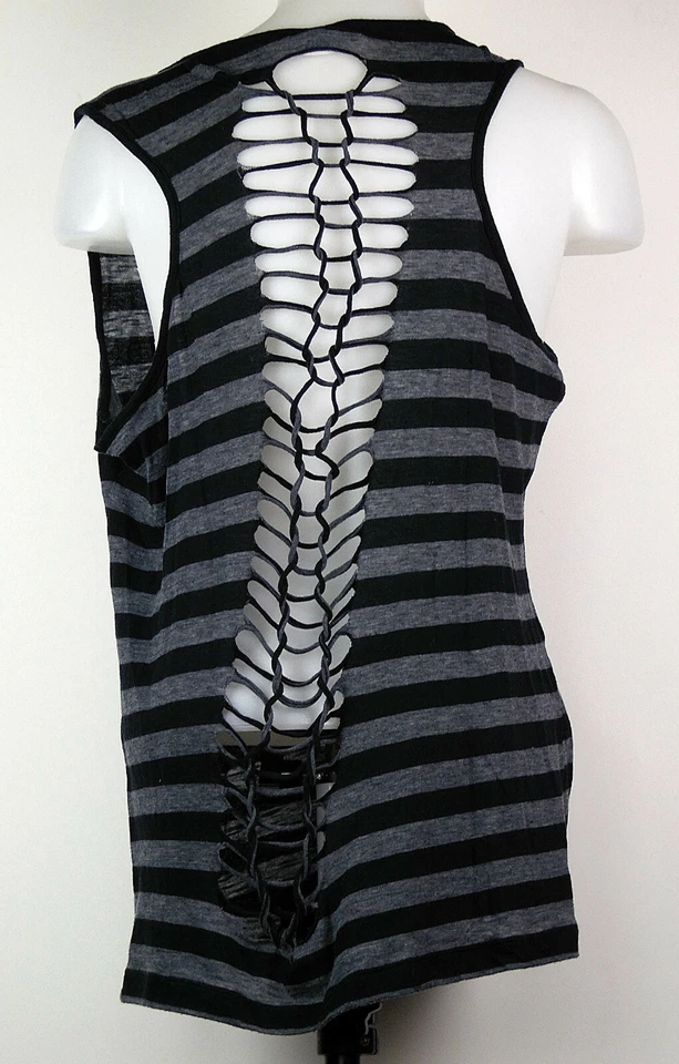 Camiseta sin mangas Derek Heart gris y negro a rayas tejido abierto espalda tejida 1X Foto 3 de 3