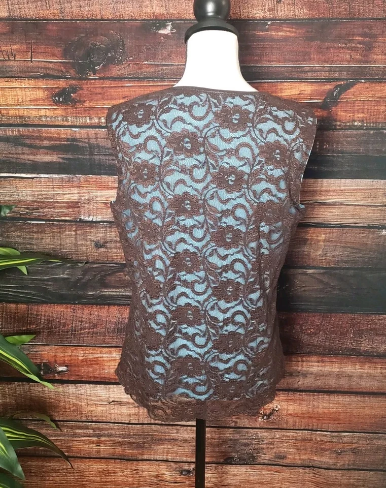 Camisa Tribal Grande Encaje Superpuesto Marrón Sin Mangas Blusa Top Forro Azul Claro Foto 4 de 4