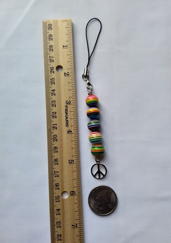 Rainbow Stripe Bead Cell Phone Charm Strap Peace Sign Pendant Car Key Hang Decor - Photo 8 sur 8