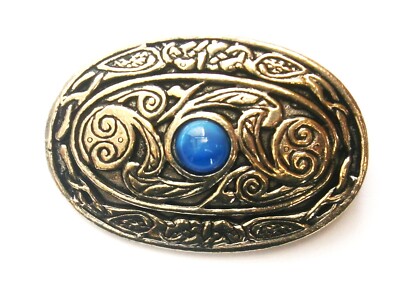 S593) Vintage Zinn Ton Keltisch Blau Katzenauge Glas Stein Oval Brosche Uhr Pin
