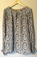 Max Studio Boho Floral Blouse Women Size XL Cream Long Sleeve Smocked