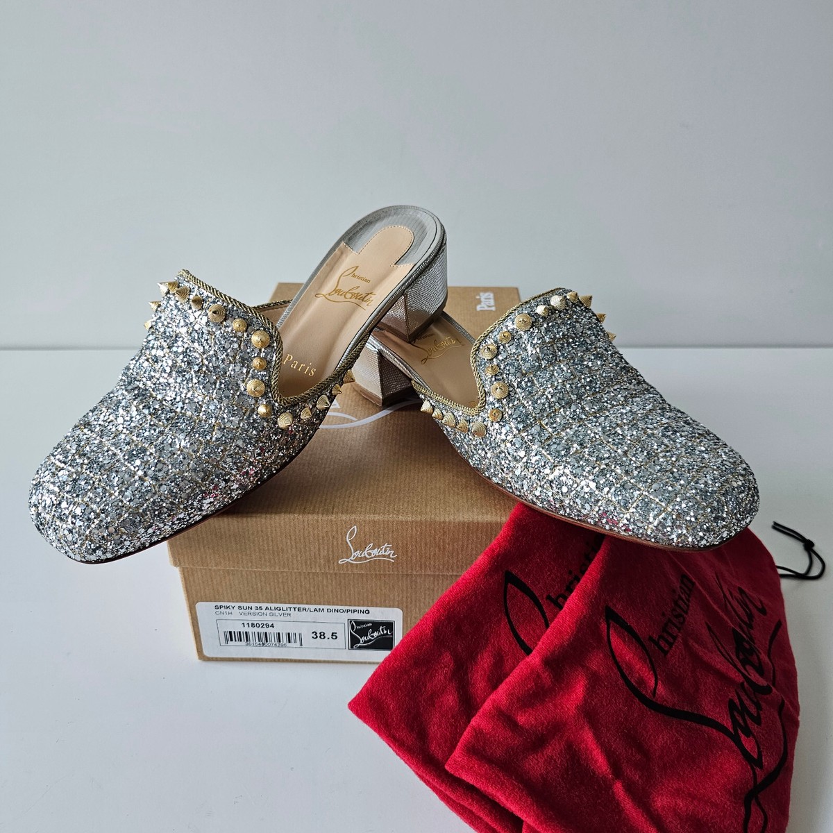 Christian Louboutin Spiky Sun Mules Glitter Slides Loafers