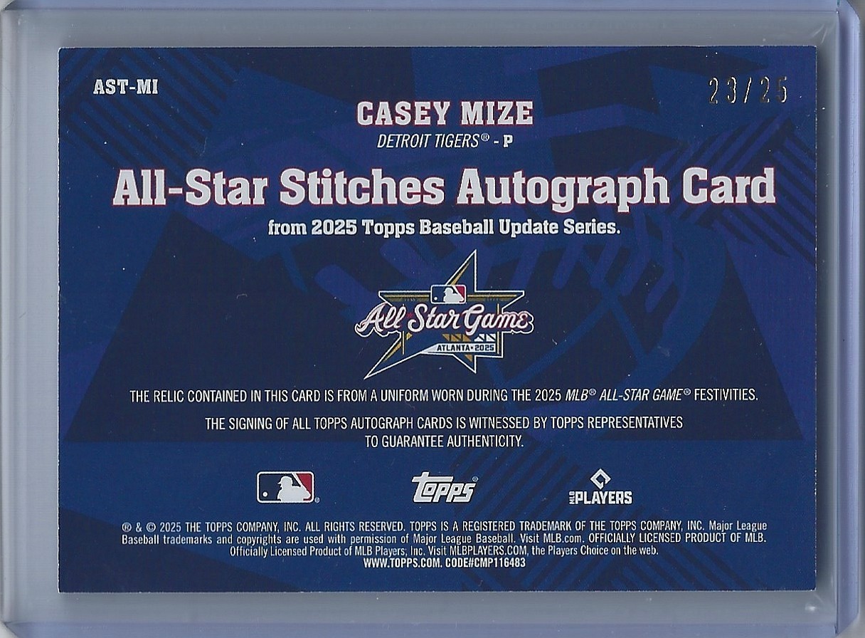 CASEY MIZE - #23/25 AUTO - All-Star Stitches 4 Color Patch - 2025 Topps Update view 2
