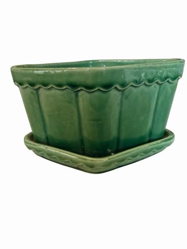 Vintage Shawnee Green Planter w/ Attached Saucer Scalloped Mid Century Pottery