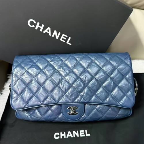 Chanel Navy Blue Calfskin Classic Flap Bag ruthenium hardware MAXI XL