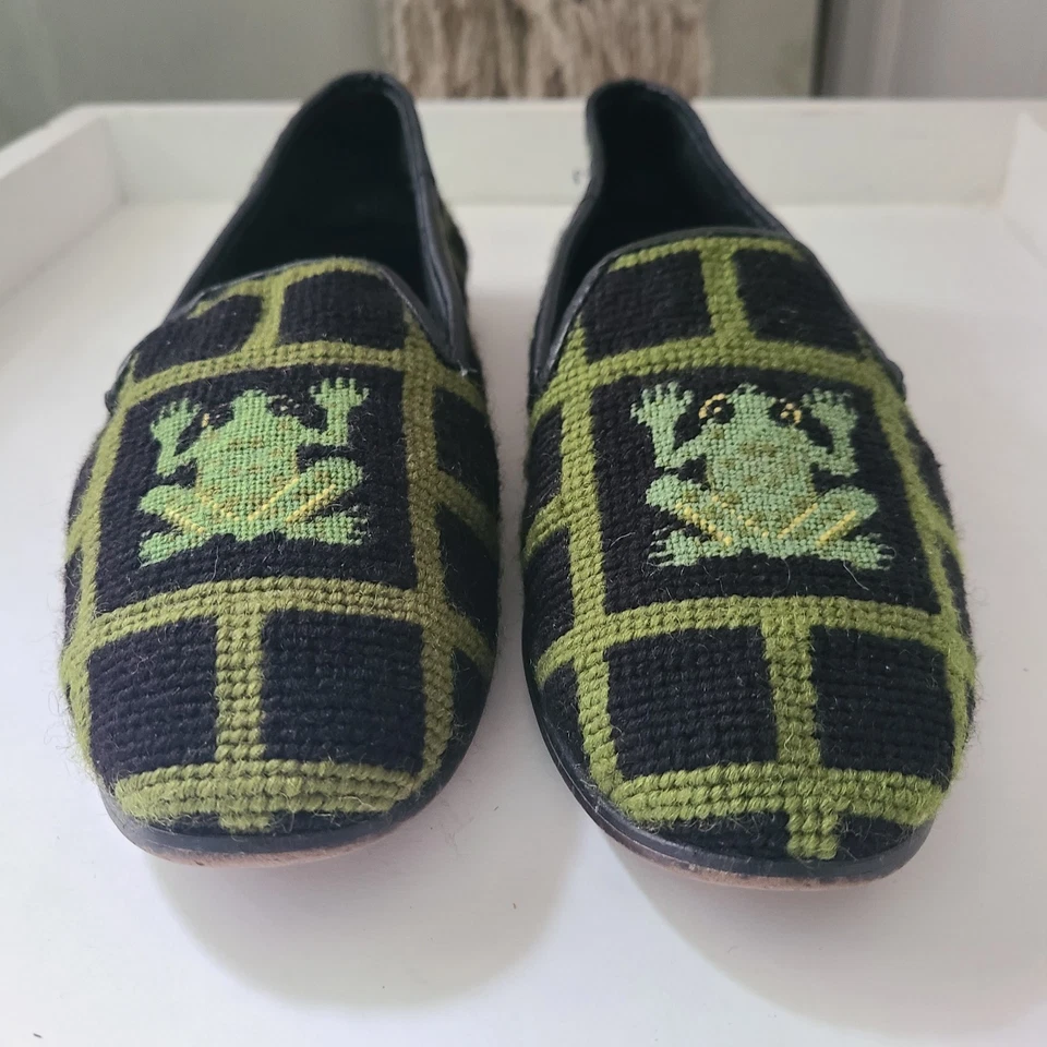 By Paige Geometric Frog Needlepoint Loafers Sz 10 Black Green Preppy Academia - Изображение 4 из 4