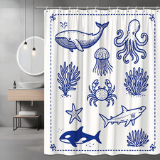 Nautical Sea Life Shower Curtain Whale Octopus Crab Shark Starfish