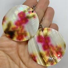 Vtg Boho Blurred Cherry Blossom Floral Mother Of Pearl Statement Earrings Hook
