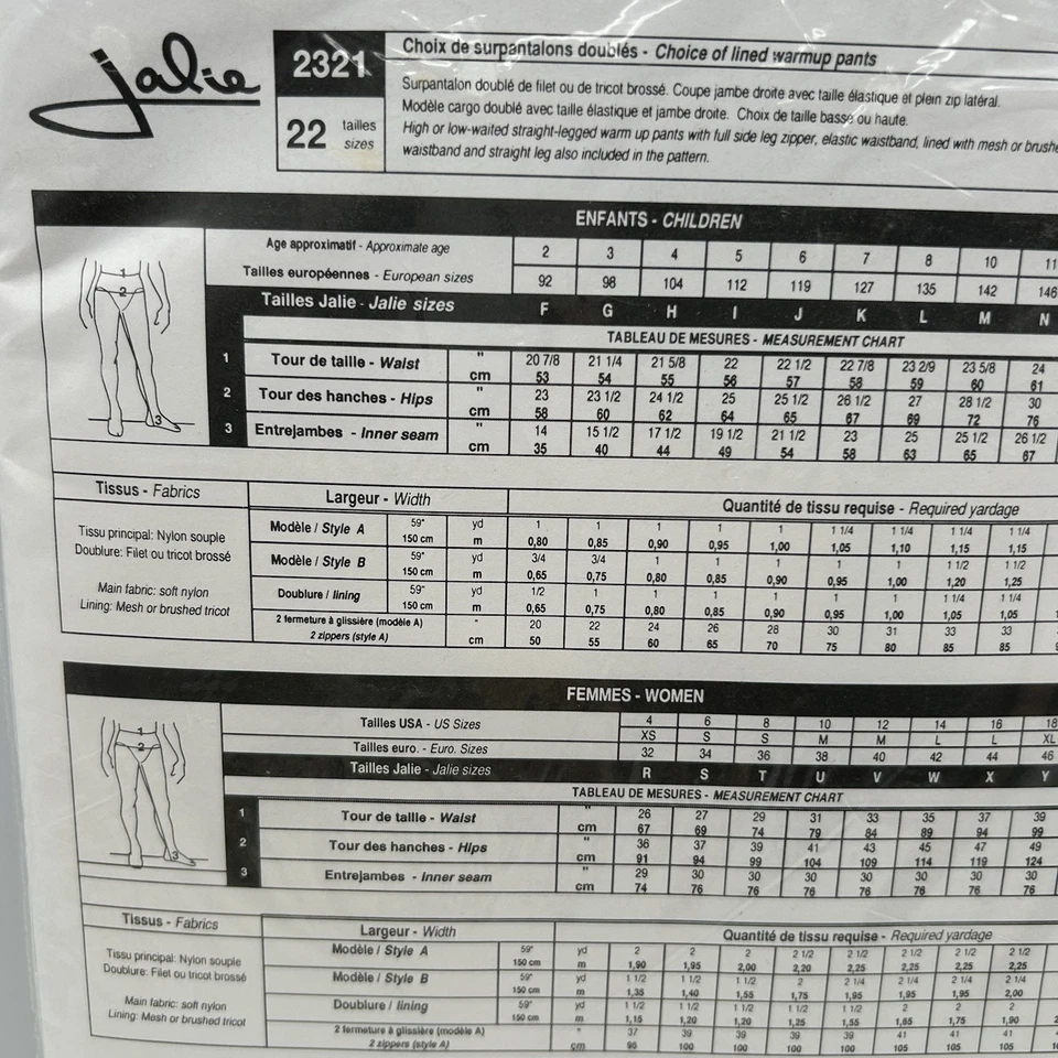 Jalie Sewing Pattern #2321 Lined Warm Up Pants Cargo Zippered Wm’s Sz 22, New - Image 4 of 4