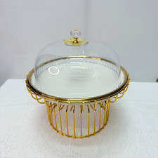 “Gold Cake Stand with Ceramic Plate & Plastic Lid with Stainless Steel Stand