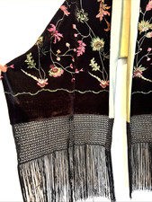 Hand Made Black Large Shawl Cover up Fringes Floral Bohemian Gypsy One of a kind