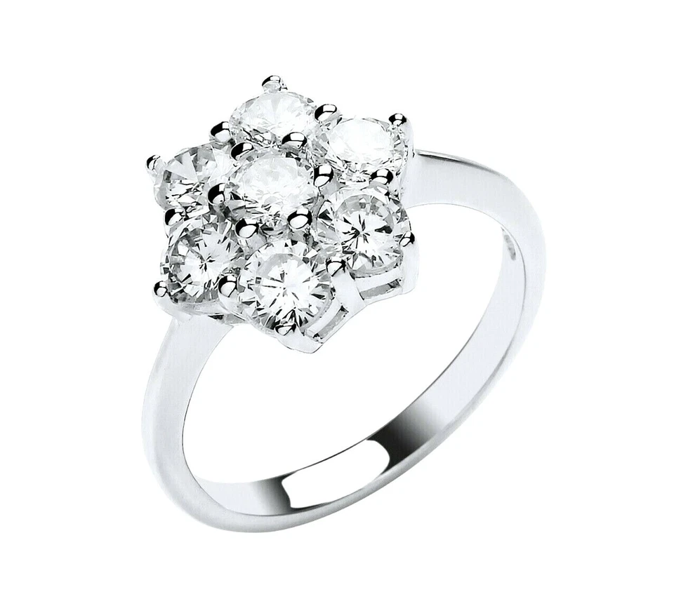 Sterling Silver Large Simulated Diamond Cluster Ring Rhodium Finish size J- U - Image 3 of 4