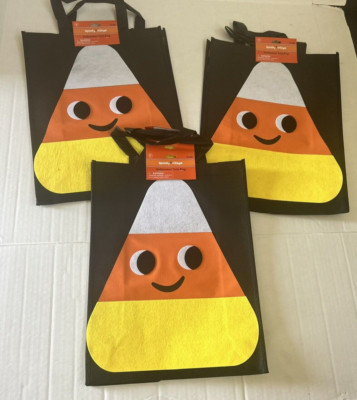 Trick or Treat Candy Bags Totes Halloween Fabric Candy Corn Large Lot of 3 New