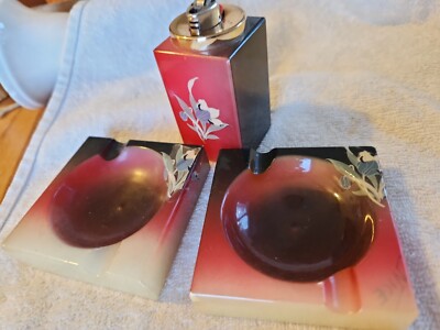 Vtg Alabaster Marble Bic Table Lighter Holder Old Ashtray Smoking Set Signed Art