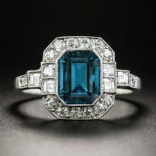 Art Deco 2.10CT Aqua Blue Emerald Cut Sapphire CZ Stone Wedding Engagement Ring