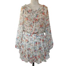 Love Shack Fancy Silk Chiffon Floral Dress Boho Tiered Confetti Long Sleeves MED