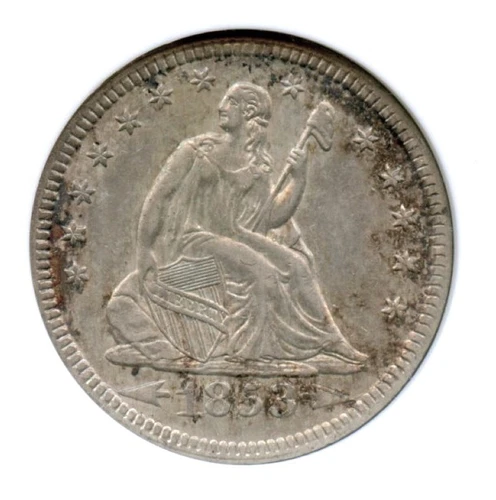 1853/4 Arrows Liberty Seated Quarter, ANACS AU55, Old Holder