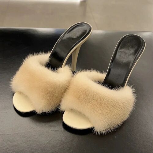 2025 New Mink Fur High Heel Womens Slim Heel Peep Toes Sexy High-heeled Slippers - Picture 9 of 32