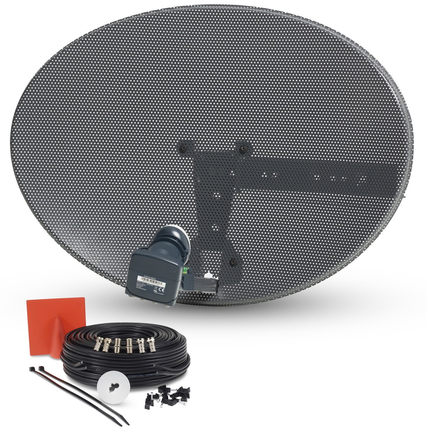 Zone 1 Satellite Dish For Sky & Freesat + Octo Lnb 50M Black Twin Coax Cable Kit