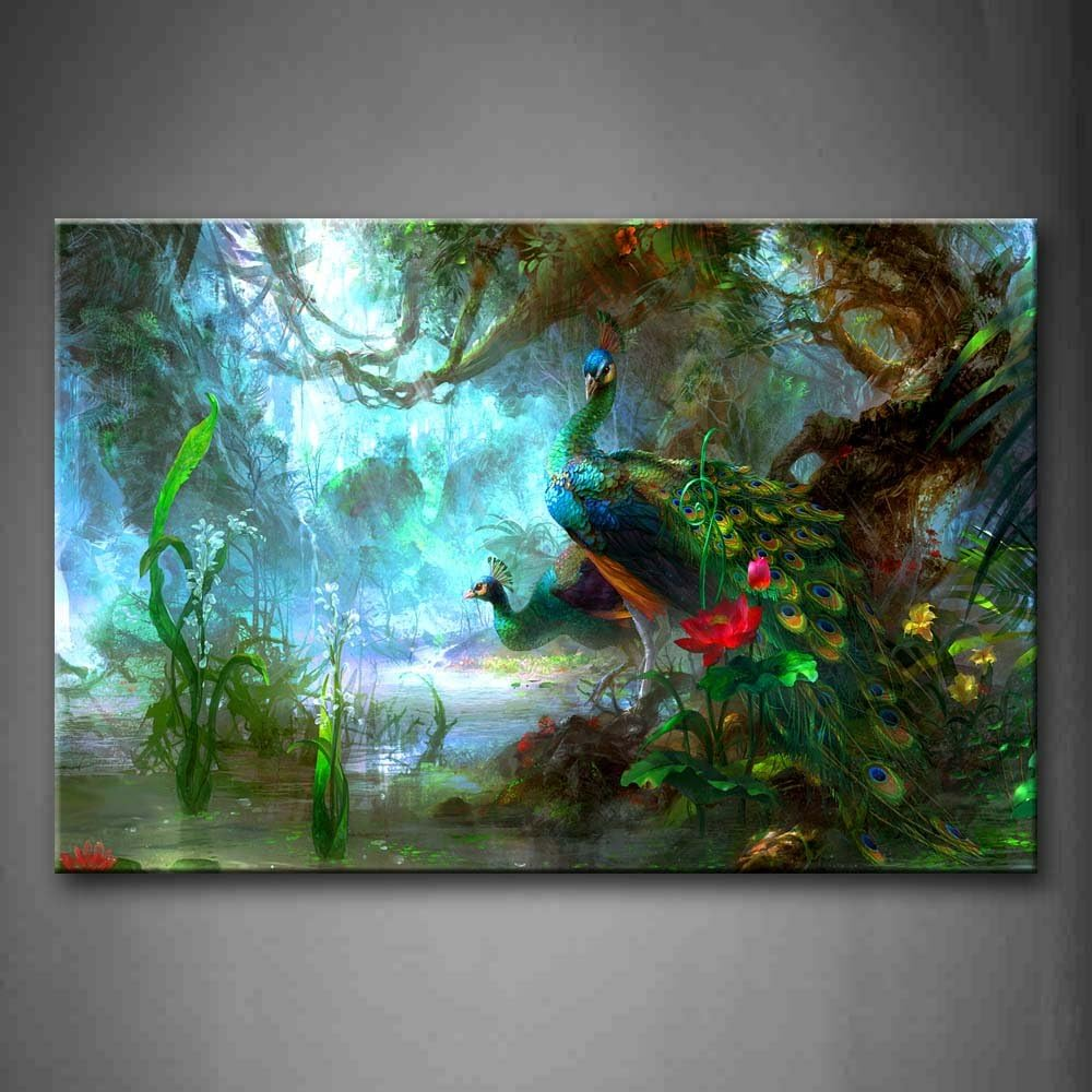 Two Peacocks in Forest Animal Canvas Wall Art Print Painting