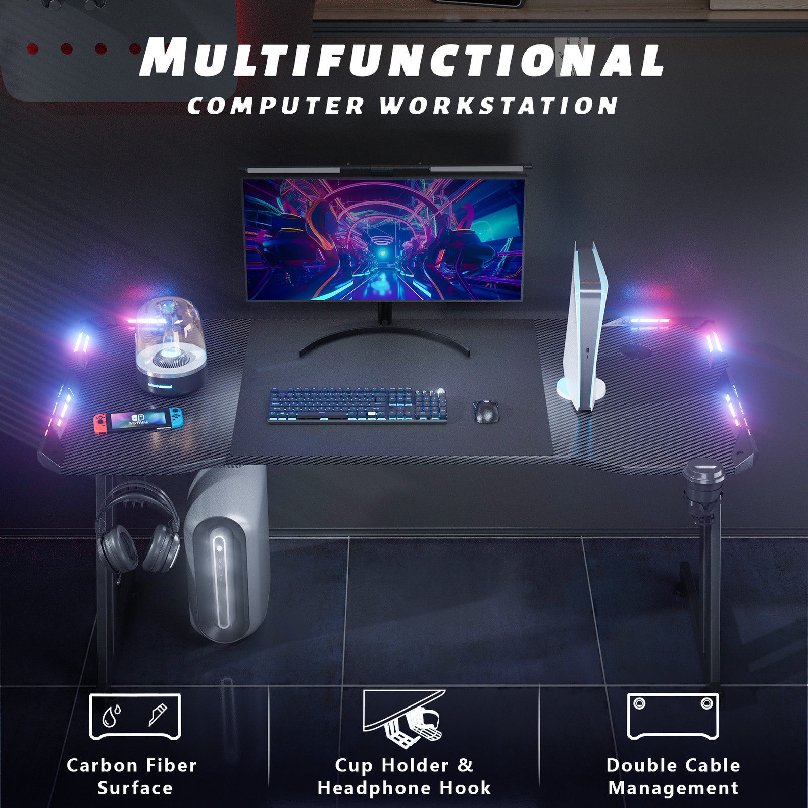 Ergonomic Gaming Desk with LED Carbon Fibre Surface Gaming Table Computer Desk