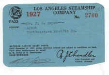 1927 Pass from the Los Angeles Steamship Company