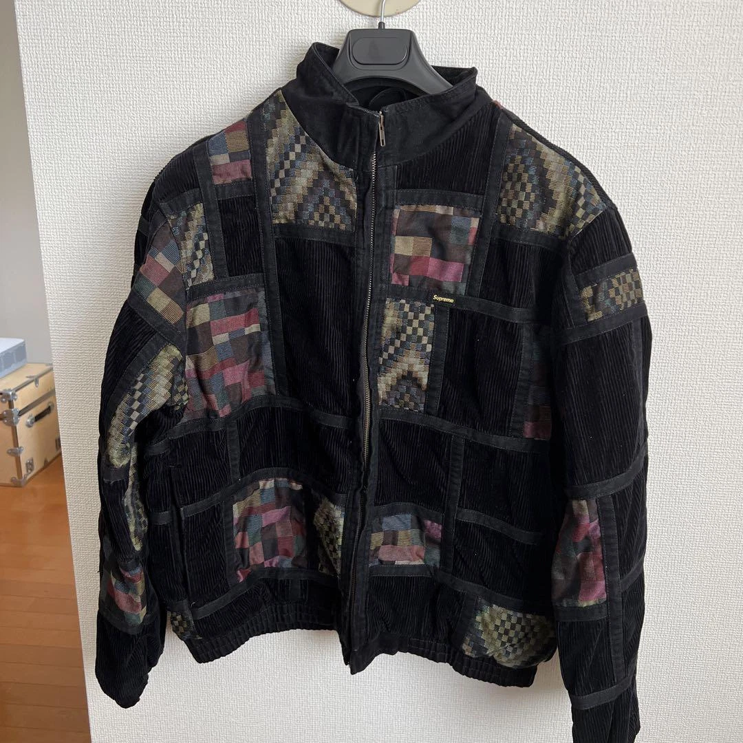 Veste Supreme NY homme L velours côtelé patchwork denim boîte logo noir FW18 authentique