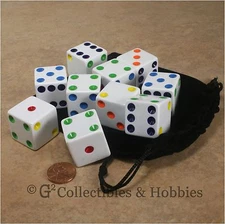 NEW 10 Jumbo 25mm White w/ Multi-Color Pips Dice & Bag Set RPG Board Game D6