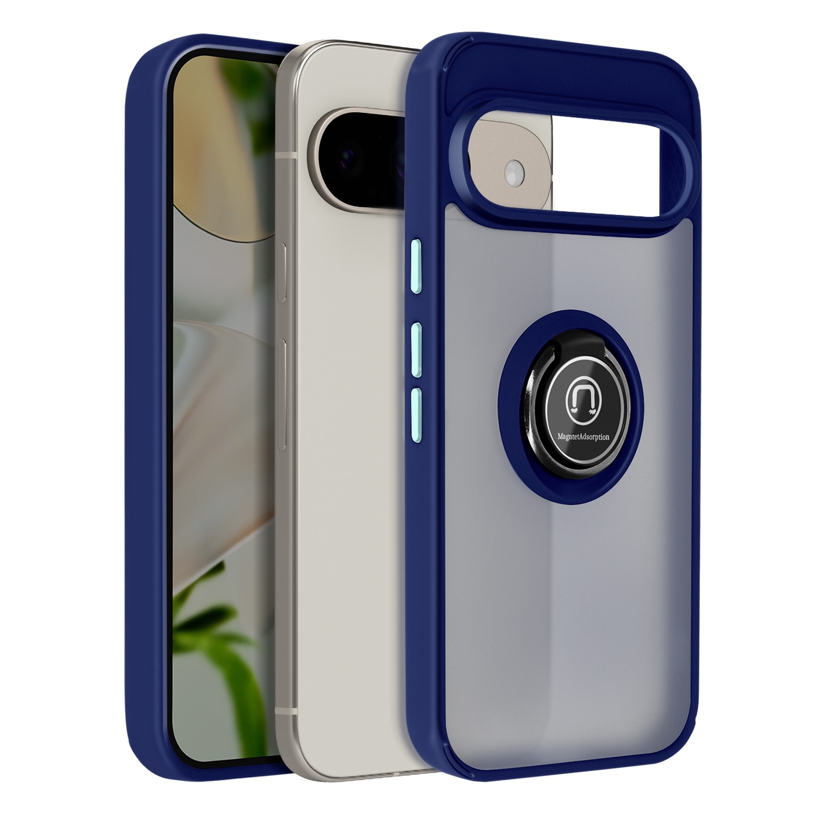 Coque Pixel 9 et 9 Pro avec anneau support metallique, protection antichoc bleu nuit