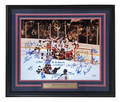 #ad 1980 USA Hockey 18 Signed Framed 16x20 Miracle On Ice Photo Do You Believe BAS $899.99
