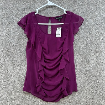 #ad NWT Express Women#x27;s Blouse Size XS Purple Short Sleeve Ruffle Semi Sheer $7.99