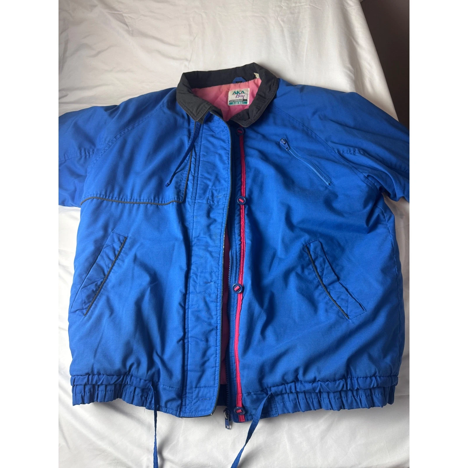 AKA Bay Outdoor Jacket Blue Pink Lined Zip Front Drawstring Waist