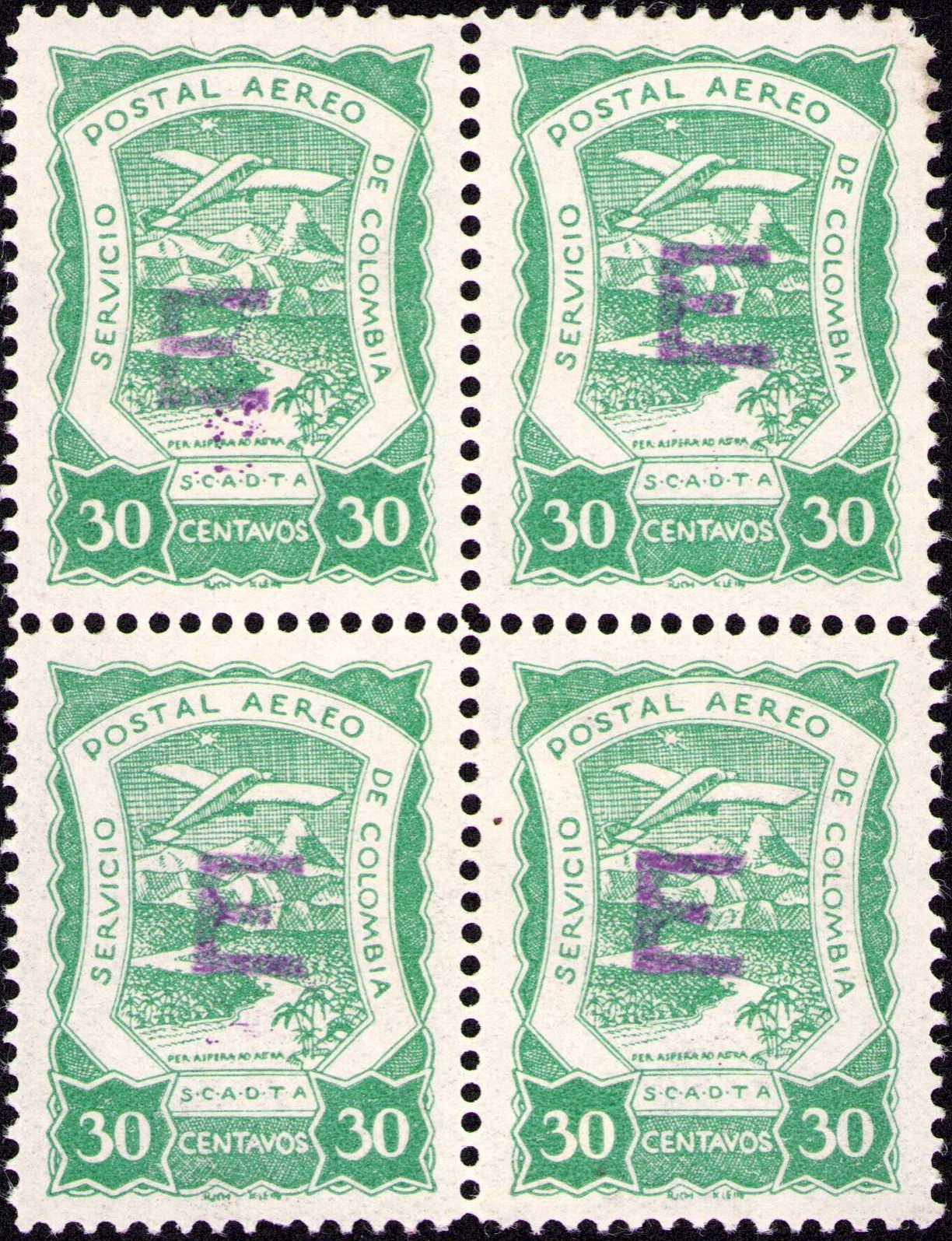 COLOMBIA - SPAIN - SCADTA - CONSULAR 30c BLOCK - Sc CLE5 - 1921 RRR