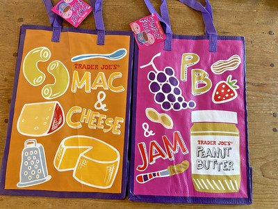 Trader Joe s Reusable Tote Bag PB JAM/Cookies Milk/Mac Cheese NWT LOT OF TWO!!