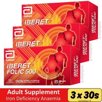 3 x 30s Abbott IBERET FOLIC 500 Folic Acid + Iron Supplement For Anemia  EXP2027