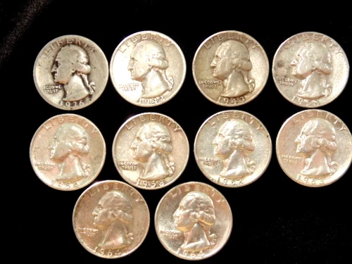 Lot of 10 - Washington Silver Quarters Circulated -  1936-1964 - P&D   A67