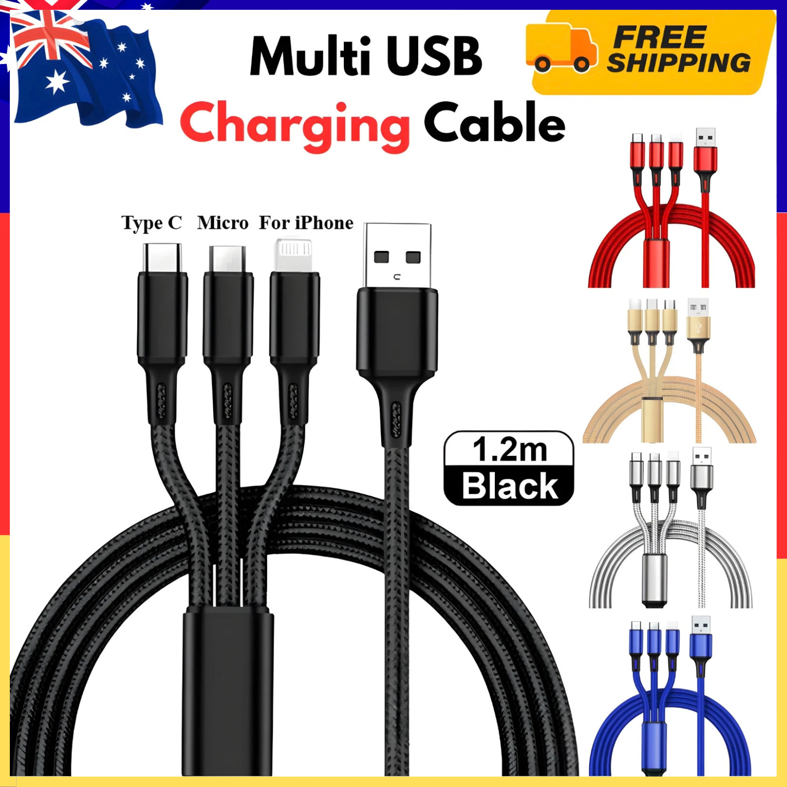 3 in 1 Multi USB Charger Charging Cable Cord For iPhone USB TYPE C Android Micro