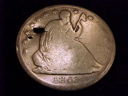 1863-S Seated Liberty Half Dollar, Good Grade, but HOLED.