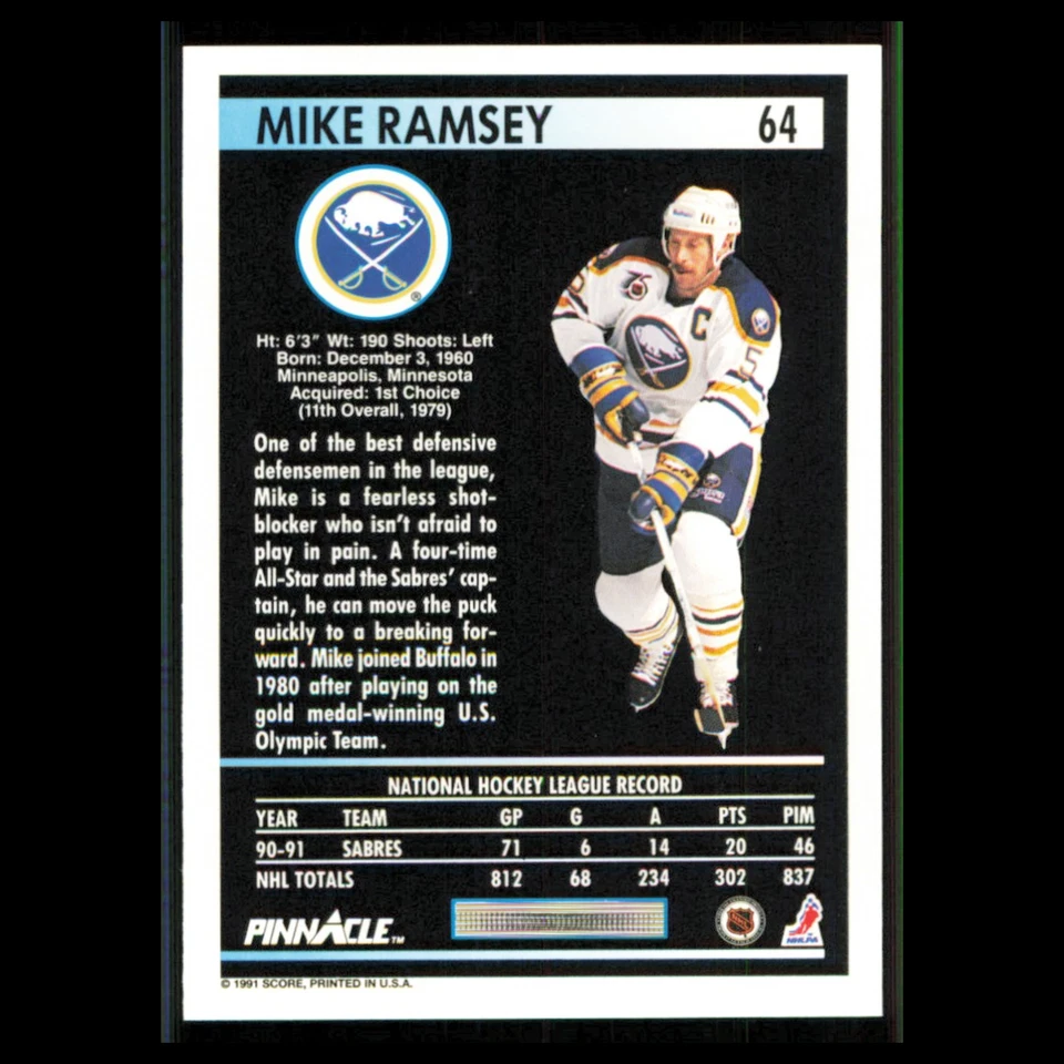 Mike Ramsey #64 1991 Pinnacle Buffalo Sabres Hockey Card NHL NM - Image 2 of 3