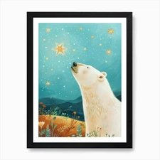 Polar Bear Looking At A Starry Sky  Framed Wall Art Poster Canvas Print Picture