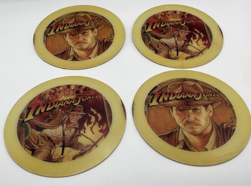 Vtg Indiana Jones Movie Plastic Coated Coaster Lot (4) 1990s Pinball Game 4.5”