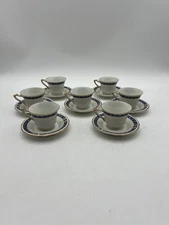 Kenmoor O.P.CO. Syracuse China Tea Cup & Saucer Set of 7 Blue & Gold Trim