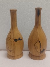 Pair Spalted Persimmon Dry Vases Hand Turned Signed TOP 1994 8 Inches