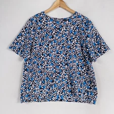 Ann Taylor Top Blouse Womens Large Blue White Black Floral Boxy Short Sleeve