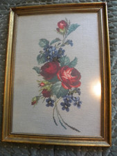 vintage LARGE needlepoint roses framed under glass 23"x17"