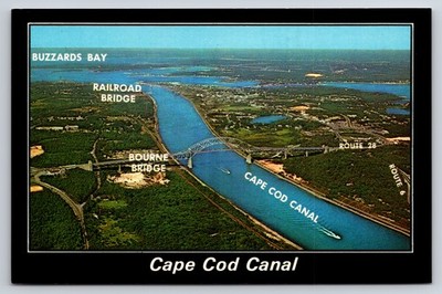 Vintage Postcard Cape Cod Canal Bourne Bridge Buzzards Bay Aerial View