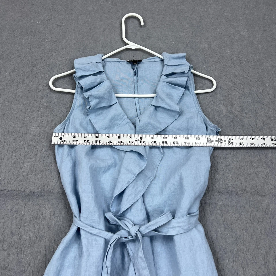 Vestido J Crew para mujer 4 azules 100 % lino volantes cuello en V sin mangas bolsillos con corbata Foto 3 de 4
