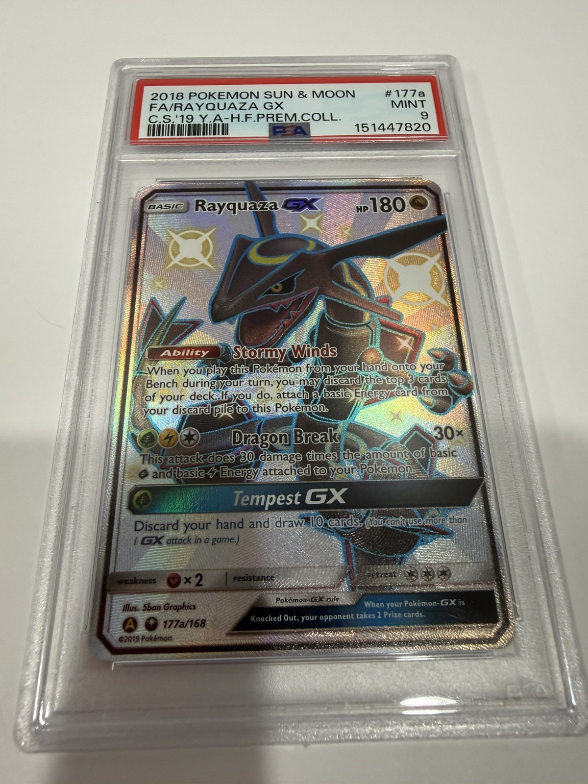 2018 Pokemon Sun & Moon Celestial Storm: Rayquaza GX #177a, Full Art, PSA 9 Mint